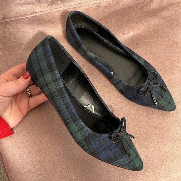 J. Crew Tartan Plaid Ballet Flats Womens 6 Point Toe Bow Navy Blue Green - Picture 1 of 8